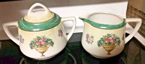 Antique/Vintage German Porcelain Cream and Sugar Set Floral Design, iridescent