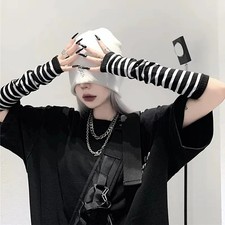 Women Punk Gothic Long Arm Warmers Striped Fingerless Gloves Winter Wrist Warmer