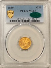 1889 TYPE 3 $1 GOLD DOLLAR - PCGS MS-67, CAC APPROVED! VISUALLY STUNNING!