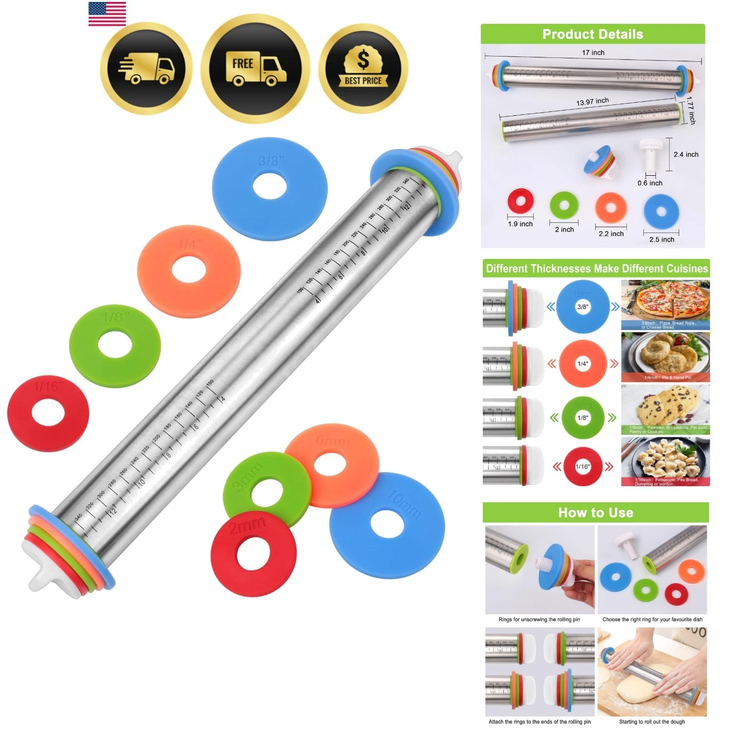 Adjustable Rolling Pin with Thickness Rings for Baking, Stainless Steel Desig...