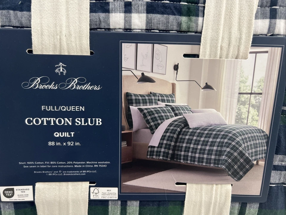 "Edredón Brooks Brothers verde, blanco + azul a cuadros completo/queen algodón 88""x92""" Foto 2 de 4