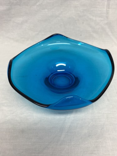 Blue Art Glass Serving Dish Blue Glass Bowl Plate Curled Up Corners 6.75" Wide
