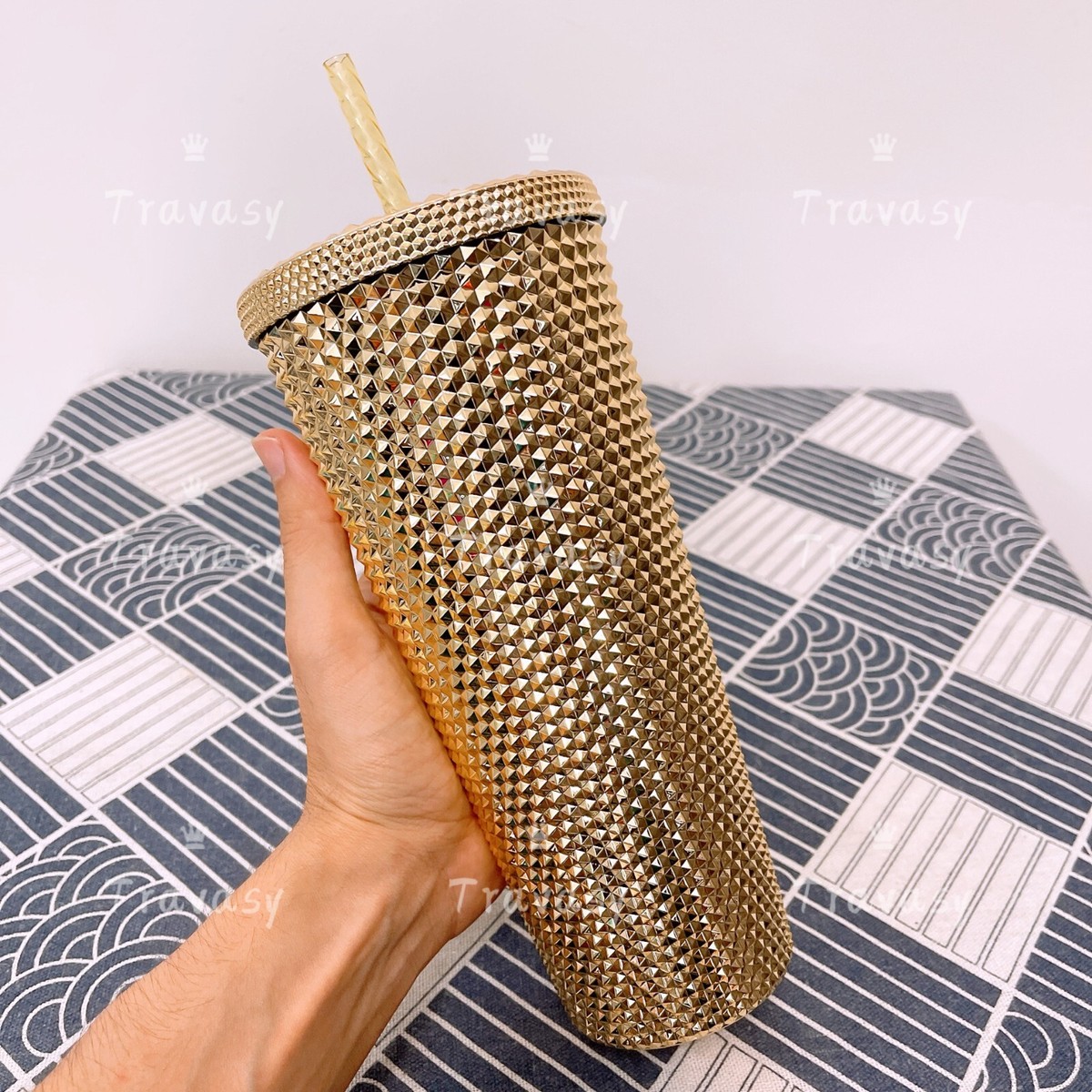 Authentic Starbucks Thailand Shiny Glossy Gold Cold Cup Studded
