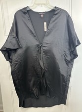 Victoria's Secret Women's Black Satin Robe Kimono Tie Front With Ruffle One Size