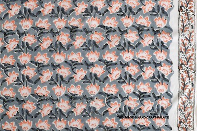 Indian Gray Floral Beautiful Cotton Hand Block Printed Fabric Sewing Dress 5 YD