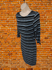 M&S BLACK DRESS SIZE UK 8 VISCOSE WOMENS 3/4 SLEEVE BLUE STRIPED LINED STRETCH
