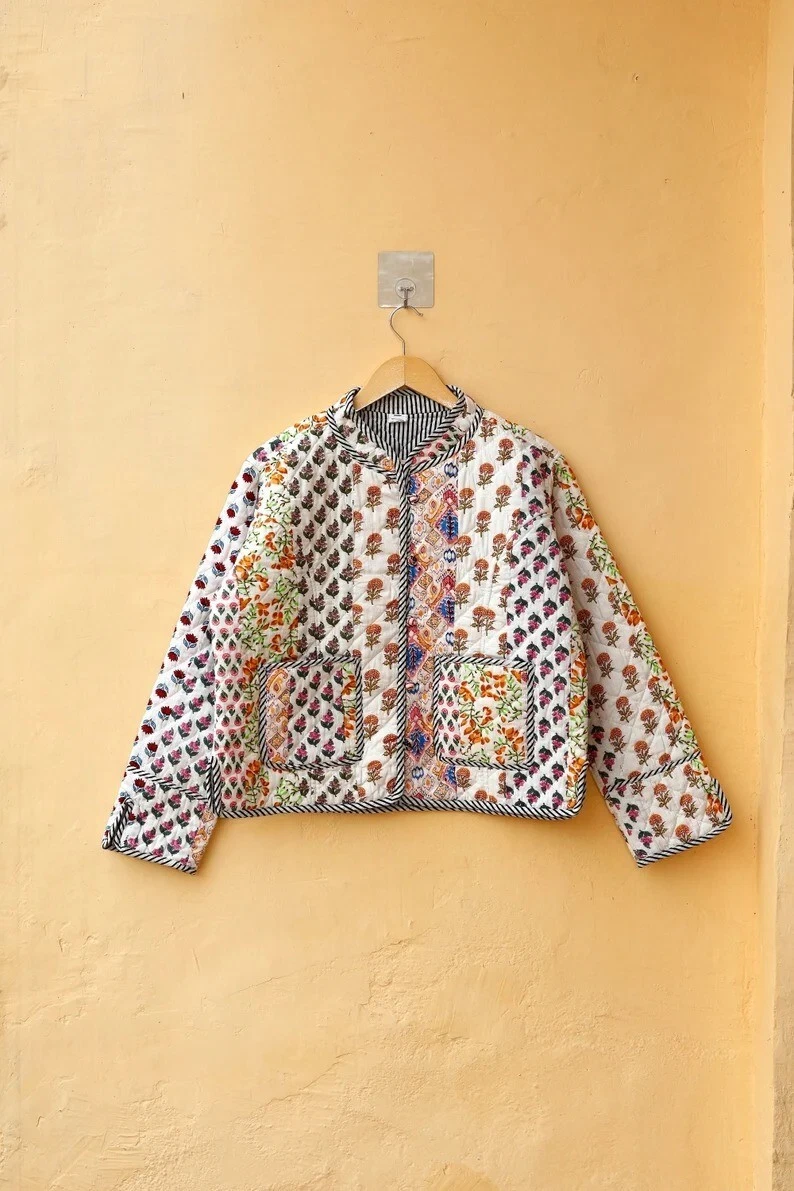Indian White Patchwork 100% Cotton Quilted Unisex Jacket Women's Clothing Jacket