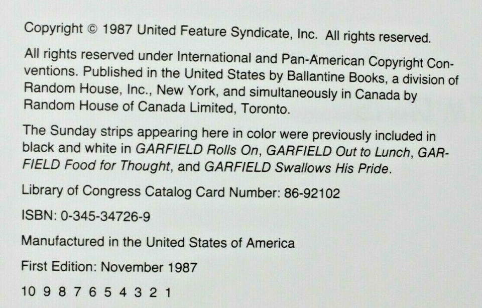 Garfield Treasury The 4th Issue 1987 Vintage Best Sunday Comics Book In