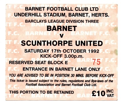 Ticket ENG Barnet FC - Scunthorpe United 17.10.1992