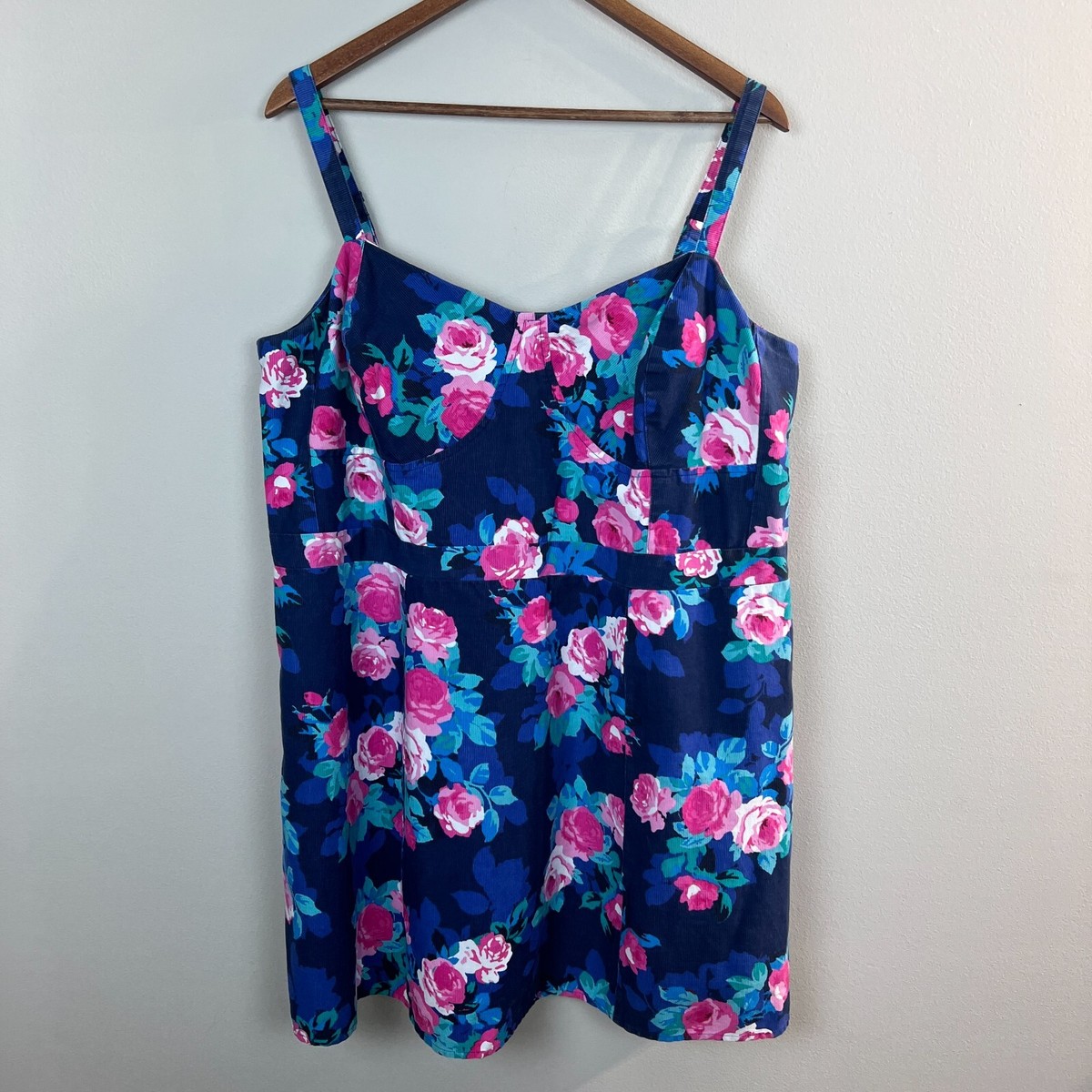 Jessica Simpson Dress 2X Blue Pink Rose Floral Corset Smocked Micro Ribbed Mini