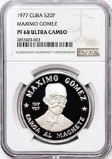 1977 Maximo Gomez 20 Pesos Proof Silver Coin NGC PF68 – Top Pop