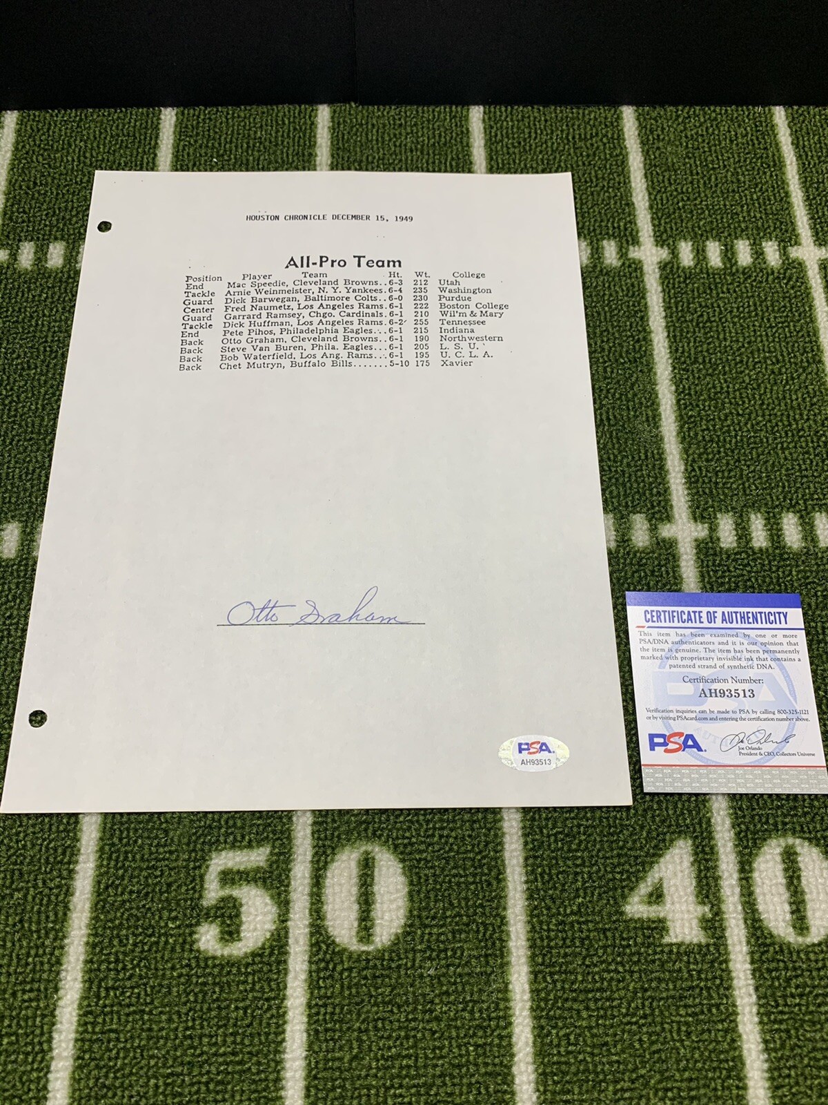 Otto Graham Autographed Signed Cleveland Browns PAPER HOF 1965 PSA COA 513 