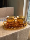 Kings Crown Indiana Glass Thumb Print Amber Creamer Sugar Bowl Set Complete MCM