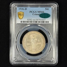 1936-D 50C MS66 PCGS CAC Columbia Commemorative Half Dollar - Nice Original Coin