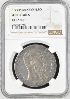 Moneda de Plata 1866PI Peso México IMPERIO DE MAXIMILIANO NGC AU DETALLES LIMPIA