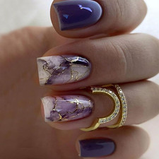 Marble Purple Press on Nails Square Short Medium Fake Nails on Nails with Gold L
