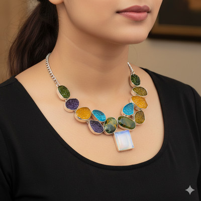 Milky Opal, Multi Gemstone 925 Sterling SilverNecklace 18'' t141