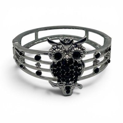 Lois & Friends Owl Hinged Bracelet Silver Tone w Black Glass Stones 3814