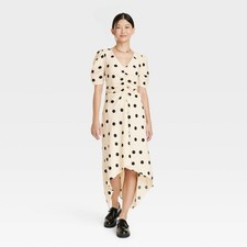 New Day Midi Crepe Short Sleeve Midi Dress Womens Small Ruched Polka Dot