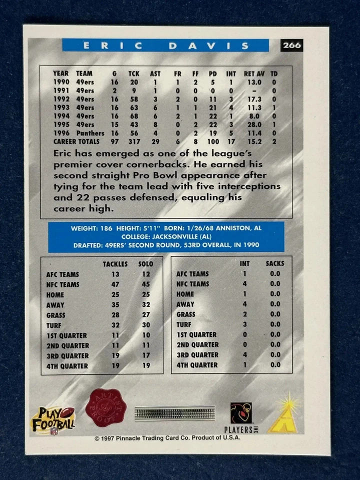 1997 Score Artist's Proof Showcase #266 Eric Davis Carolina Panthers - Image 2 of 2