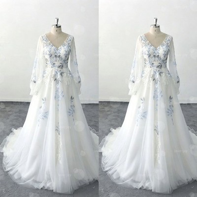 Wedding Dresses with Sweep Train Long Sleeve V-Neck Floral Applique Bridal Gowns