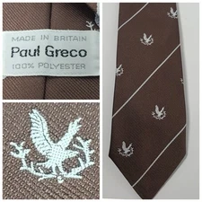 Vtg Paul Greco Britain Brown Polyester Embroidered Eagle Necktie Tie       (T5)