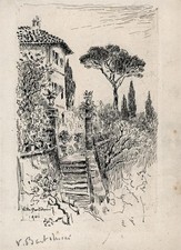 Small Pen & Ink Drawing - Victor Charles Ames - Villa Bartolucci Italy 1901
