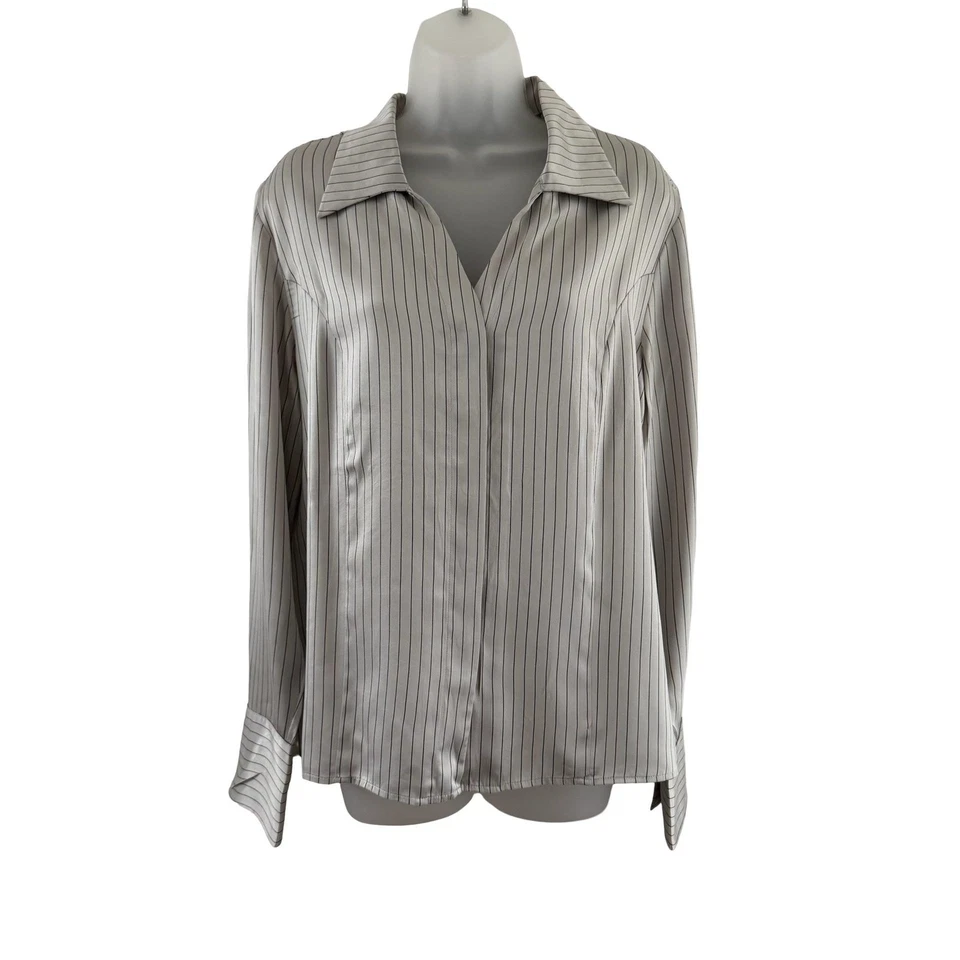 Kate Hill 真丝衬衫女式 16 灰色黑色细条纹学院长袖 V 领 — 第 2/4 张图片