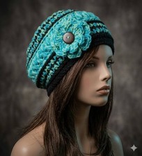 crochet-handmade-womans-flower-hat-beanie-turquoise-mint-puffs-new