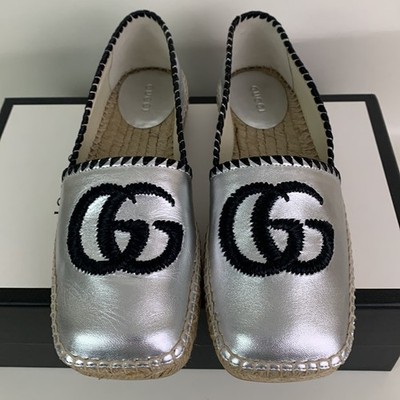 NEW Gucci Espadrille) GG Marmont Silver Metallic Slip on Shoes Womens Size 37 (7
