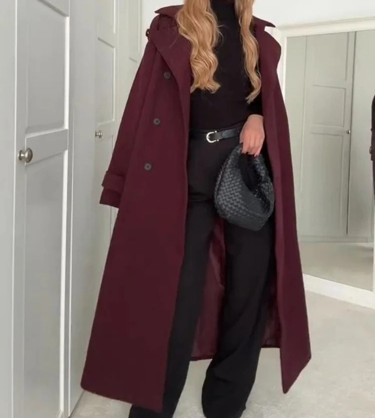 Women's Winter Woolen Trench Coat - Belted Double-Breasted