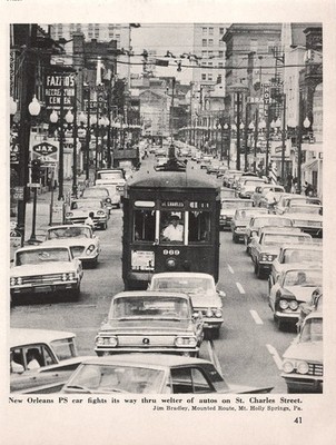 St Charles Streetcar #969 Traffic Scene Downtown New Orleans LA Vtg Mag Cut Out
