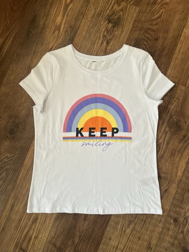M&S White Tee Shirt T-Shirt Top. Keep Smiling Rainbow Logo. Size 10 - Picture 1 of 4