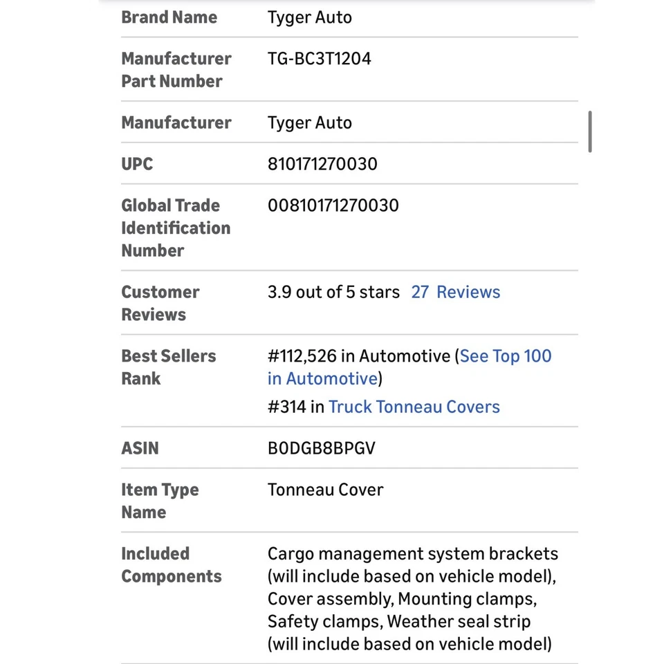 Cubierta Tonneau suave triple plegable para plataforma de camioneta Tyger Auto T3 2024-2025 Toyota Tacoma 5 ft Foto 2 de 4
