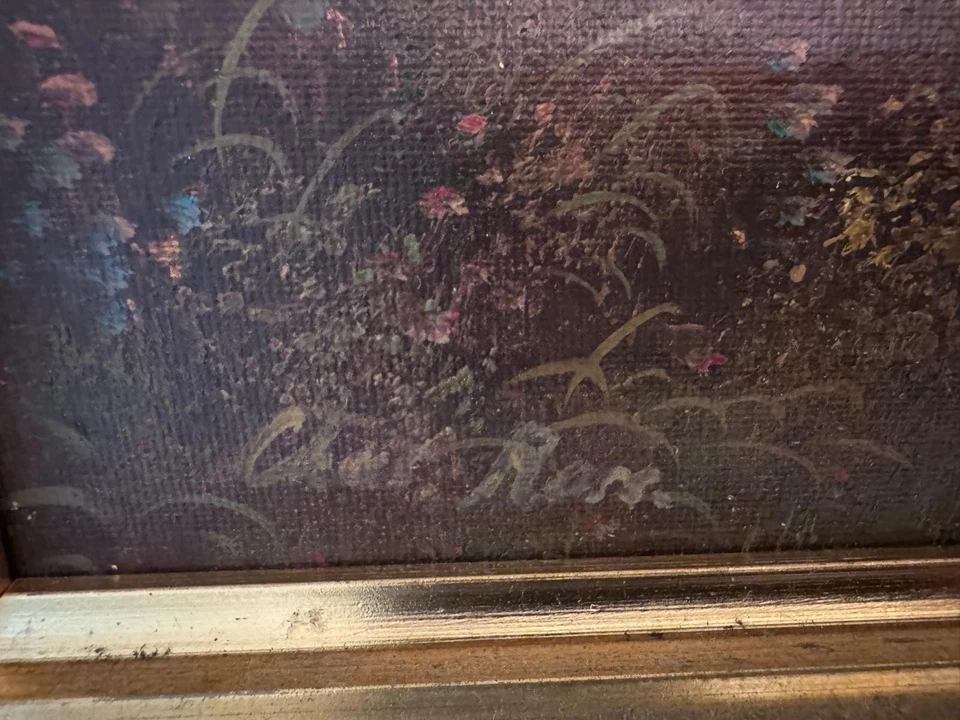 Large Antique oil painting on panel figures landscape signed framed 75/65 cm - Image 4 of 4