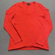Tommy Hilfiger Sweater Womens Small Red V Neck Pima Cotton Pullover Logo Knit