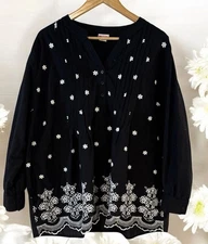 Vtg American Sweetheart Women’s Embroidered Floral Tunic 3X Roll Tab Sleeve