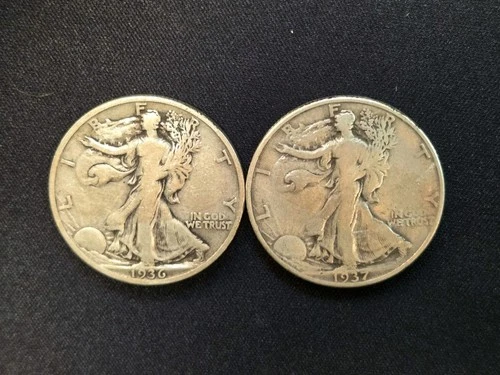 (2) 1936 1937 WALKING LIBERTY 1/2 Dollars - 90% Silver VG Lot