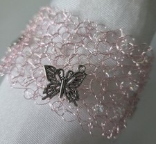 Pink Wire Butterfly Bracelet Glass Beads Handmade Lt Wt Statement 2 Inch W042