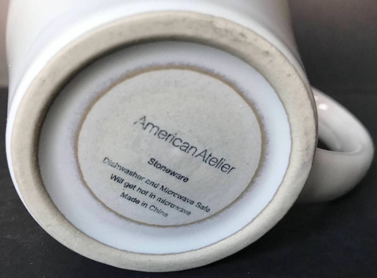 American Atelier GRANADA Stoneware Mugs Cups Set of Ivory Blue Embossed  EUC