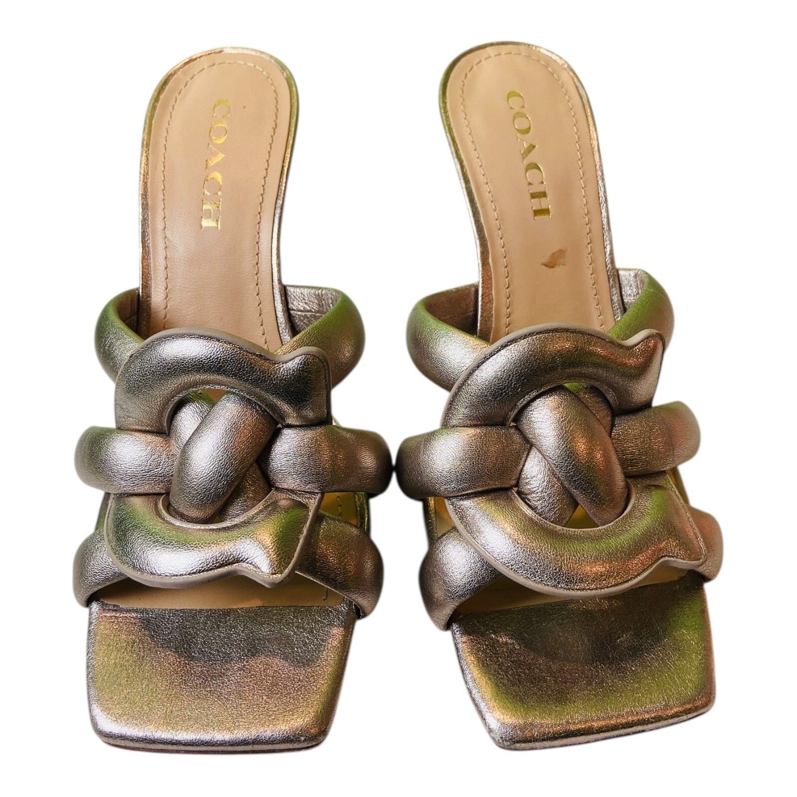 Coach Kellie Womens Slip On Stiletto Mule Metallic Silver Heels Sandals 9.5B