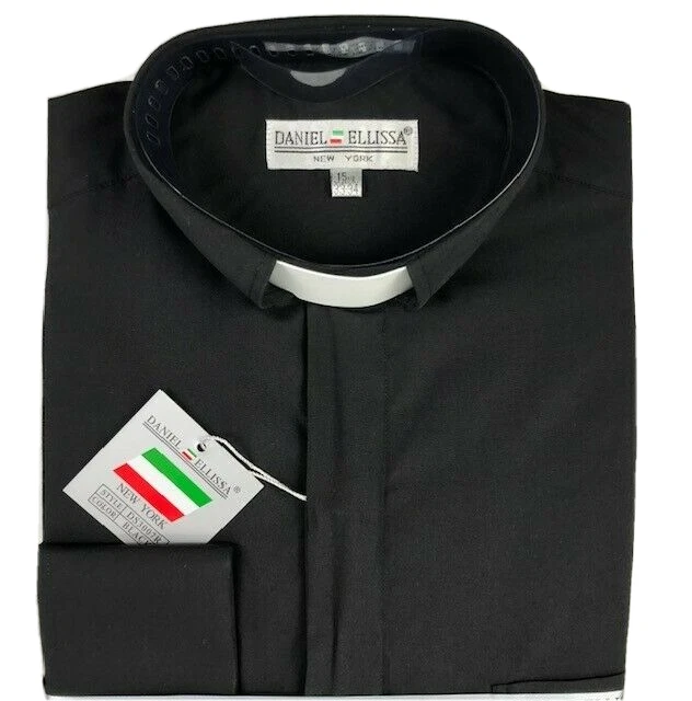 Camicia Daniel Ellissa uomo clero colletto a fascia nero bianco linguetta taglie 14,5 -22,5 - Immagine 2 di 4