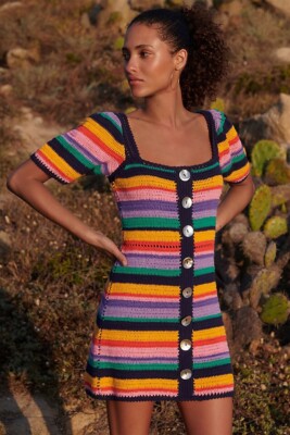 white christmas dresses Crochet Knit Rainbow Ombre Halter String Tying Scoop Neck Mini Dress –  Anna-Kaci