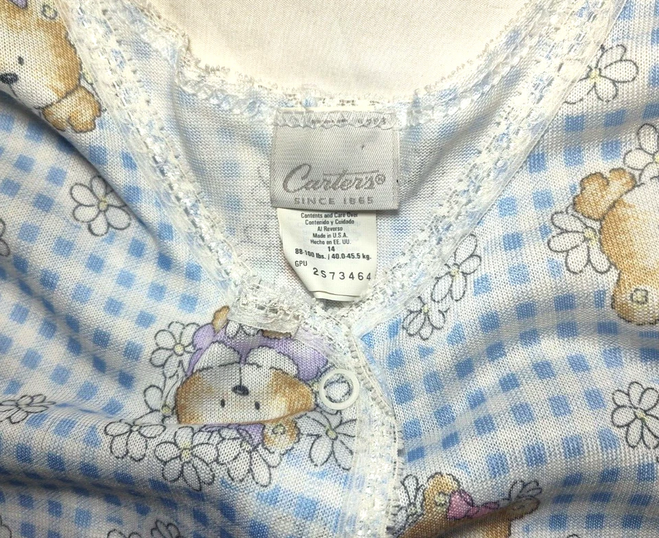 VTG Carter's Girl Sz 14 Bear 1pc Sleep Romper Pajama Blue White Flower Polyester - Image 2 of 4