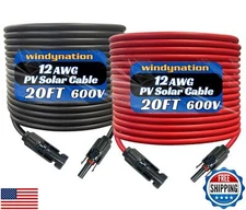 WindyNation 12 Gauge 12 AWG Pair 20 Feet Black + 20 Feet Red PV Photovoltaic 