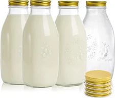 ZOOFOX 4 Pack 32 Oz Glass Milk Bottle with Lids, Vintage Milk Container for Refr