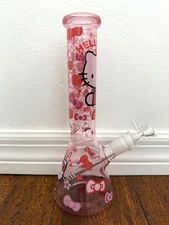 10" Premium Glass Water Pipe Beaker Bottom Pink Hello Kitty Hearts 14mm