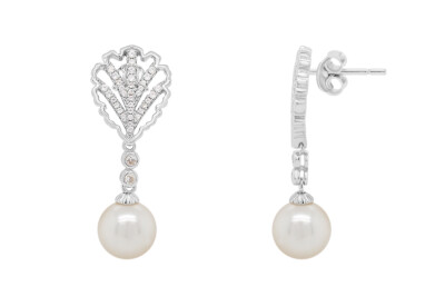 White Pearl Dangle Earrings For Women - Gold Plated Sterling Silver Cubic Zirconia