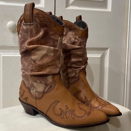 BOHO GRUNGE STIVALI WESTERN DIESEL VINTAGE MUCCA RAGAZZO PELLE TELA TAGLIA 8 - Foto 3 di 24