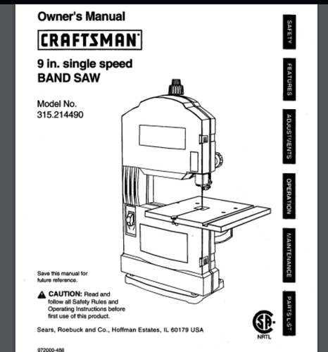 Owner Operator & Parts Manual Craftsman 9 Inch Band Saw 315.214490 32 ...